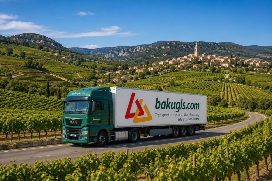 The bakugls.com lorry driving on a road surronded by green fields and a town in the back ground